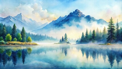 Wall Mural - close-up watercolor painting of a serene lake with misty mountains in the background on isolated whi