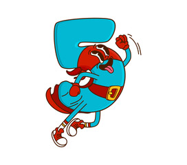 Poster - Cartoon groovy math number five superhero character. Isolated vector playful and funky digit 5 retro comic defender personage exudes hippie vibe and positivity with confident pose, costume and mask
