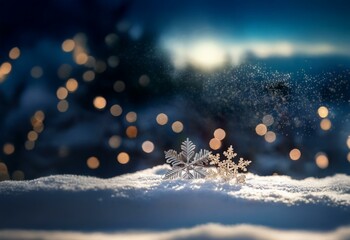 Aufkleber - A single snowflake rests on a bed of fresh snow with a blurred background of a winter forest at sunset.