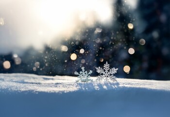 Aufkleber - Two snowflakes rest on a snowy surface with a blurred, sunlit forest background.