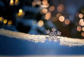 Aufkleber - A delicate snowflake rests on a snow-covered surface with blurred twinkling lights in the background.