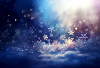 Canvas Print - A dark blue sky with white, fluffy clouds at the bottom. Snowflakes fall from the sky in front of a bright, white light.