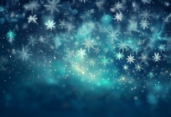 Aufkleber - A blue and white abstract background with snowflakes falling against a blurry blue sky.