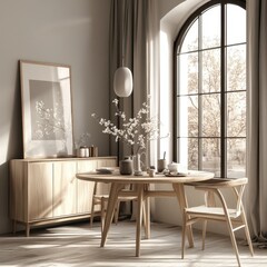 Minimalist dining room with oval wooden table and spring flowers, modern decor