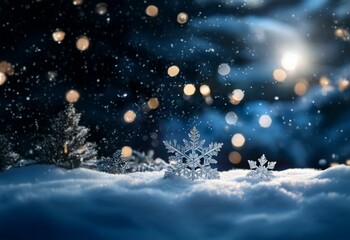 Aufkleber - A serene winter scene with a snowy landscape and intricate snowflakes illuminated by a soft, moonlit glow.