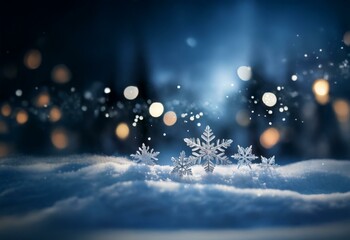 Aufkleber - A close-up of sparkling snowflakes resting on a bed of freshly fallen snow with a soft, out-of-focus background of glowing lights.