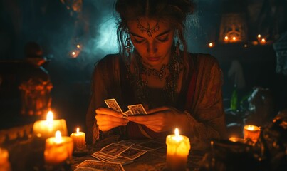 Woman reads tarot cards by candlelight.