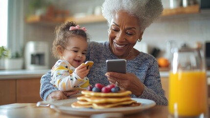 A joyful grandmother and her young granddaughter share a breakfast of pancakes with berries and juice, bonding and laughing in a cozy kitchen setting.
