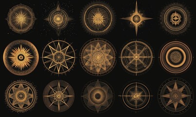 Golden compass symbols on a black background.