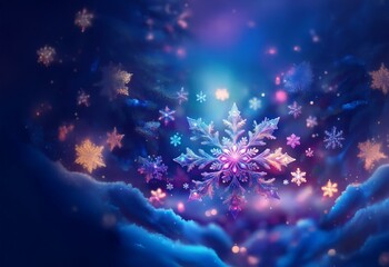 Poster - A large, ornate snowflake, with a glowing center, is surrounded by smaller snowflakes of various colors, all floating against a background of fluffy clouds and a swirling night sky.