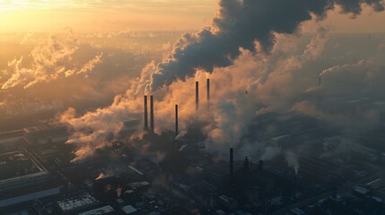 Wall Mural - Thick Smog Layer Over Industrial Landscape at Sunrise