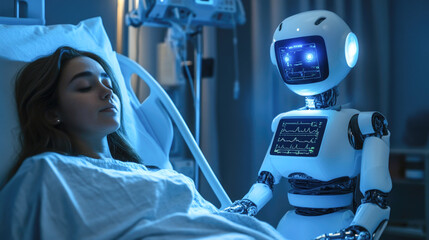 Ai caregiver robot monitoring patient in hospital room at night with medical equipment