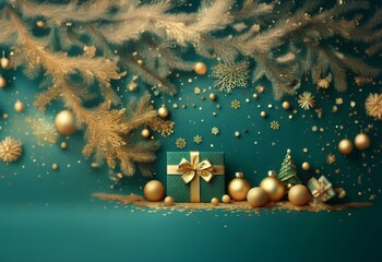 Sticker - A teal background with gold ornaments and a green gift box with a gold bow, surrounded by sprigs of white-gold Christmas tree branches.