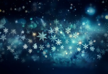 Aufkleber - A dark blue background with a light blue nebula-like cloud pattern.  White snowflakes of varying sizes are scattered across the background.