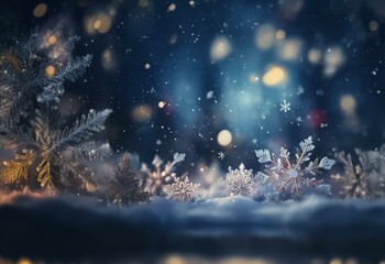 Poster - A winter wonderland with falling snow, sparkling lights, and frosty branches.