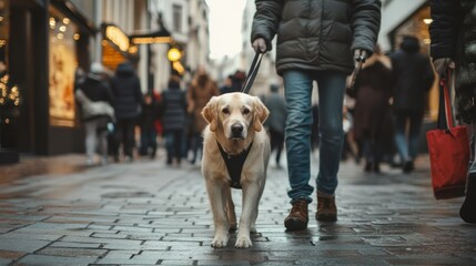 A service dog guiding its owner through a crowded street, ensuring safe navigation and mobility