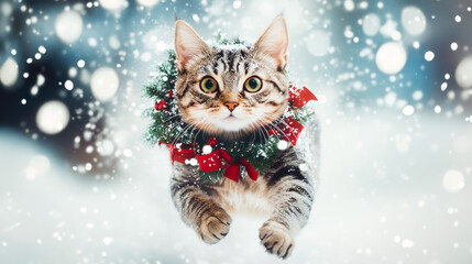 Festive cat leaping through snowflakes with christmas garland and red bows in winter wonderland