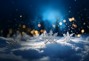 Poster - A close-up of a delicate snowflake resting on a bed of fresh snow, illuminated by the soft glow of distant lights.