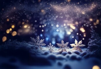 Poster - A magical winter scene with sparkling snowflakes and glittering lights against a deep blue sky.