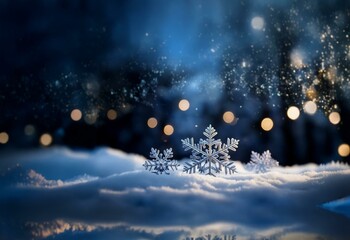 Aufkleber - A snowy landscape at night with three snowflakes in the foreground, illuminated by a string of warm, twinkling lights.