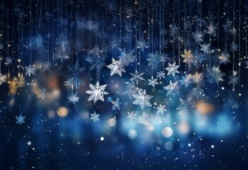 Aufkleber - A dark blue background with many snowflake ornaments hanging from the top.  The background is out of focus and has a slight sparkle effect.