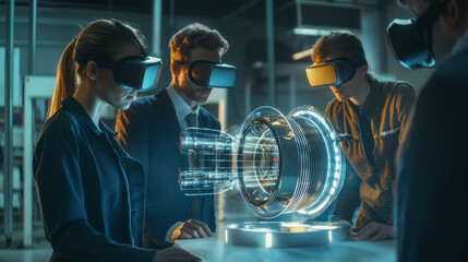 Group of professional people inspecting 3d virtual jet engine - Futuristic technology concept - Models by AI generative