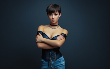 Fashion model posing in studio. Stylish portrait of a young woman in a photo studio.