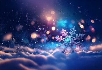 Wall Mural - A single, large snowflake stands out against a background of falling snow, glowing lights, and a snowy field.