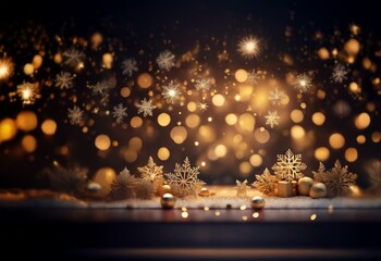 Wall Mural - A dark, festive background featuring sparkling lights and gold snowflakes with a wooden surface at the bottom.