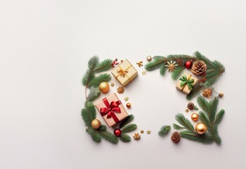 Poster - A white background with pine sprigs and presents arranged in a festive border.