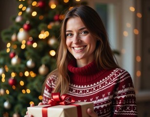 Wall Mural - Festive Style: Girl in Christmas Sweater by the Tree