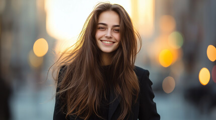 Attractive long haired woman in office suit stands against modern city, bright and attractive advertising photo.