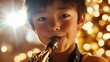 © chic designs - 明るいボケライトを背景にサックスを演奏する少年