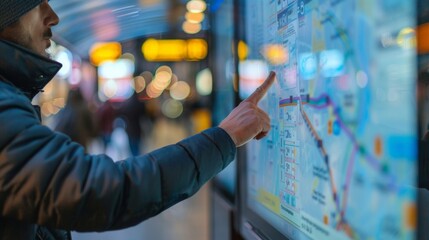 a digital kiosk displaying bus routes and schedules with a man using it to plan his trip.