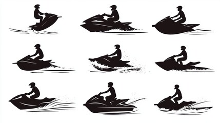 Artistic illustration of jetski in water. Flat vector. Summer tropical sports.