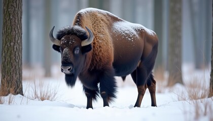 Canvas Print -  Wilderness majesty  A bison stands tall in the snowy forest