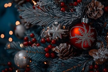 Christmas background with Christmas tree and decorations.