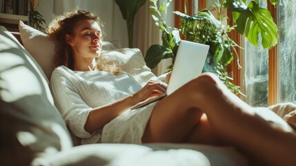 a serene woman in casual attire lounges on a comfortable sofa with a laptop, bathed in natural sunli