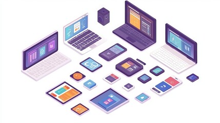 Isometric cartoon illustrations of web application design. Smartphone, laptop, tablet with adaptive mobile app interfaces. Web development, app scaling