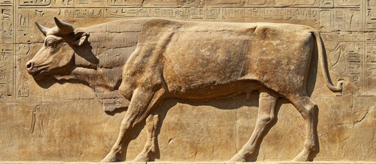 An ancient Egyptian stone carving of a bull in relief, against a background of hieroglyphics.