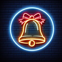 A Neon lights christmas bell on Brick Wall, dark background