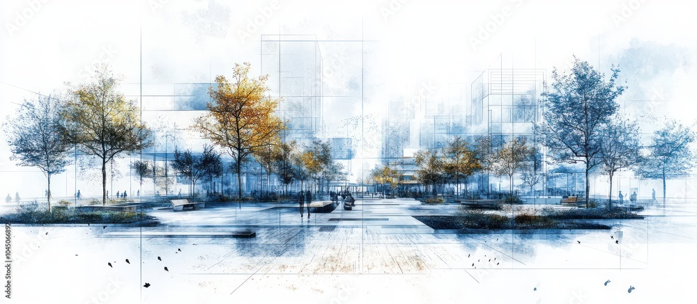 Watercolor illustration of a city park with trees, walkways, and people ...