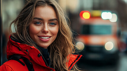 portrait of a woman first aider, a city street with emergency vehicles in the background