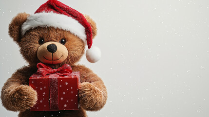 teddy bear with christmas gift, christmas teddy bear, brown teddy bear holding a christmas gift box,