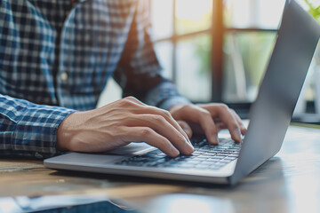 Asian casual businessman typing on a laptop computer working from home.