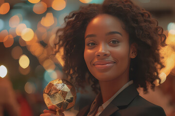 Close-up of a businesswoman holding a gold plaque award, deep depth of field.