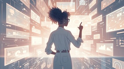 A modern technologist is featured interacting with an impressive array of digital interfaces, integrating technology in an immersive and futuristic setting.