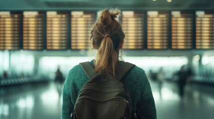 A woman, her hair in a ponytail, stands in front of an airport electronic flight schedule, planning her trip while anticipating adventure and travel excitement.