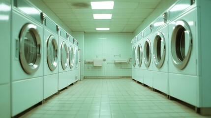 a spacious vintage laundromat with rows of classic, industrial washing machines and tiled walls and 