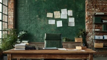 A green-walled office exhibits a rustic charm with a wooden desk and industrial elements, creating an inviting and inspiring workspace atmosphere.